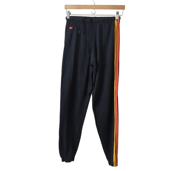 Aviator Nation Womens Sweatpants XS Dark Navy Blue Striped Drawstring Red Orange